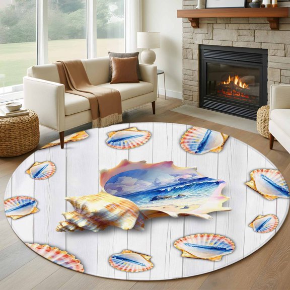 Ocean Shell Round Rugs for Living Room 7ft Summer Seaside Beach Wave Conch White Wood Grain Non Slip Circle Rug Washable Low-Profile Indoor Carpet for Bedroom, Dining Room, Bathroom