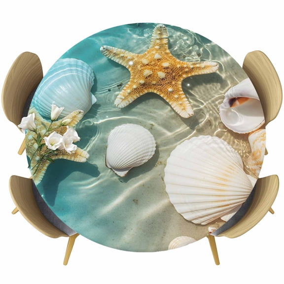 Ocean Shell Round Tablecloth 36-44 Inch Round Fitted Table Cloth with Elastic Edge, Beach Starfish Sea Water Sand Shore Waterproof Table Cover Protector for Outdoor Picnic Party Dining