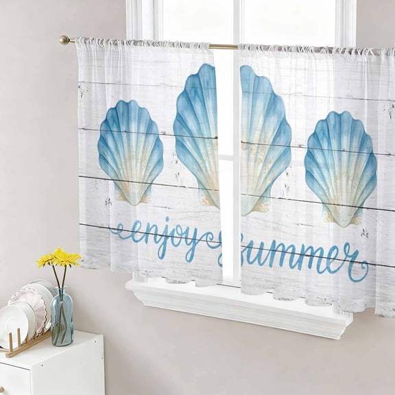 Ocean Shell Sheer Curtains 45 Inch Length 2 Panels Set, Summer Coastal Marine Seashell Wooden Gray Voile Window Treatment Rod Pocket Small Kitchen Curtains Drapes for Bedroom 52"x45"x2