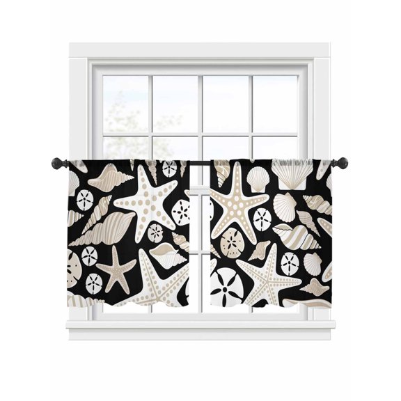 Ocean Shell Sheer Curtains 45 inches Long, Starfish Conch Retro Beach Black Texture Light Filtering Sheer Window Curtains Rod Pocket Voile Drapes for Bedroom Living Room, 2 Panels 52"W x 45"L