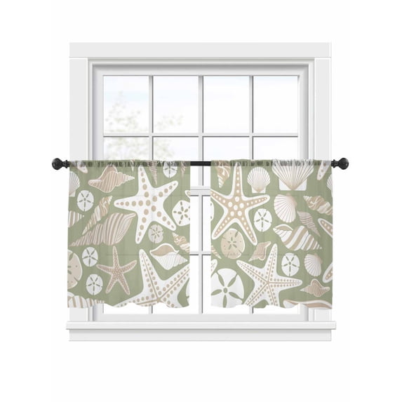 Ocean Shell Sheer Curtains 45 inches Long, Starfish Conch Retro Beach Green Texture Light Filtering Sheer Window Curtains Rod Pocket Voile Drapes for Bedroom Living Room, 2 Panels 52"W x 45"L