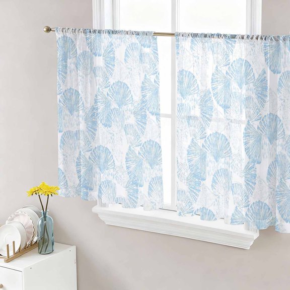 Ocean Shell Sheer Curtains 54 Inch Length 2 Panels Set, Summer Coastal Seashells Texture Light Blue Voile Window Treatment Rod Pocket Short Kitchen Curtains Drapes for Bedroom 52"x54"x2