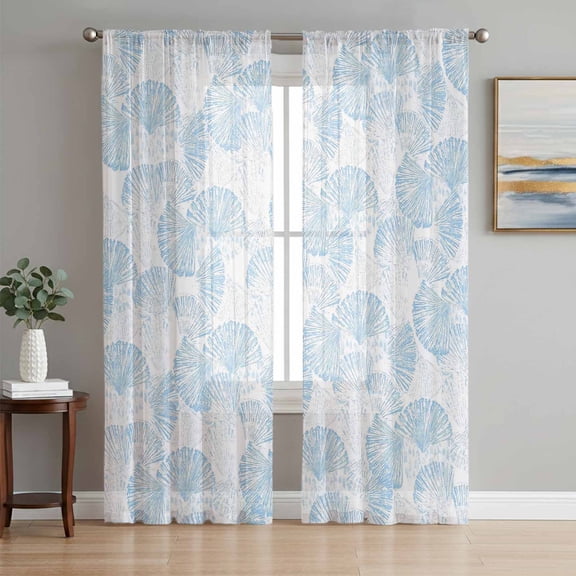 Ocean Shell Sheer Curtains 72 Inch Length 2 Panels Set, Summer Coastal Seashells Texture Light Blue Voile Window Treatment Rod Pocket Curtains Sheers Drapes for Bedroom/Living Room/Kitchen 52"x72"x2