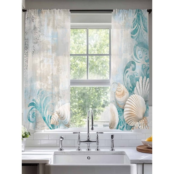 Ocean Shell Sheer Curtains 72 Inches Long 2 Panels Blue Floral Light Filtering Semi Sheer Window Curtains Drapes for Bedroom Living Room 52"x72"