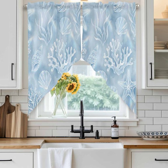 Ocean Shell Swag Curtain Valance for Windows, Blue Sea Shells Coral Stars Blue Window Treatments Short Swag Topper for Kitchen Windows Bathroom Bedroom, 36"x36"