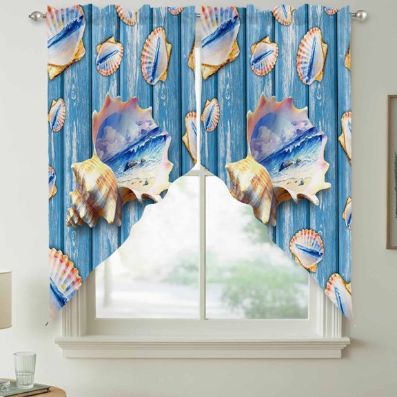 Ocean Shell Swag Kitchen Curtain Valances, Summer Seaside Beach Wave Conch Blue Wood Grain Rod Pocket Curtains Window Treatment Decor Valances for Bedroom Bathroom, 2 Panels 36 x 63 Inch
