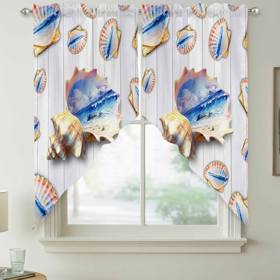 Ocean Shell Swag Kitchen Curtain Valances, Summer Seaside Beach Wave Conch White Wood Grain Rod Pocket Curtains Window Treatment Decor Valances for Bedroom Bathroom, 2 Panels 36 x 36 Inch