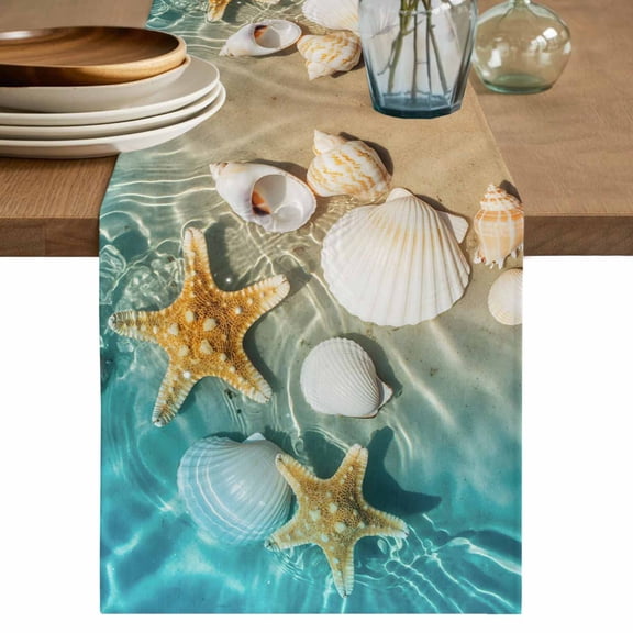 Ocean Shell Table Runner, Beach Starfish Sea Water Sand Shore Washable Cotton Linen Table Runners 36 Inches Long, Dresser Scarf Runner for Nightstand/End Tables/Round Tables 13''x36''