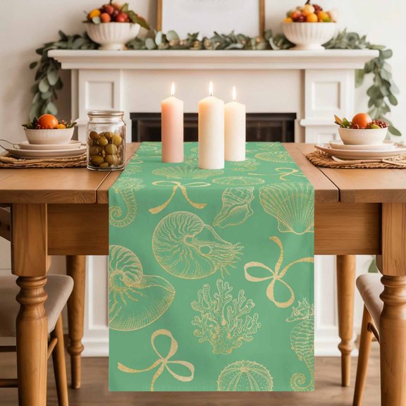 Ocean Shell Table Runner, Gold Seahorse Shells Bowknot Coral Mint Green Cotton Linen Kitchen Table Decoration Washable Dining Tabletop Runners for Home Party Decor 13x48 Inches