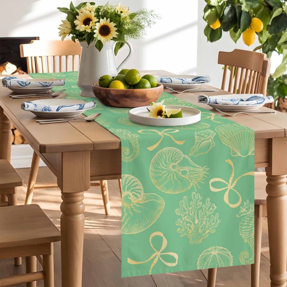 Ocean Shell Table Runner, Gold Seahorse Shells Bowknot Coral Mint Green Washable Kitchen Table Runners Dress Scarves for Dining Table Decorations Party/Restaurant/Indoor Outdoor Use, 13x60in