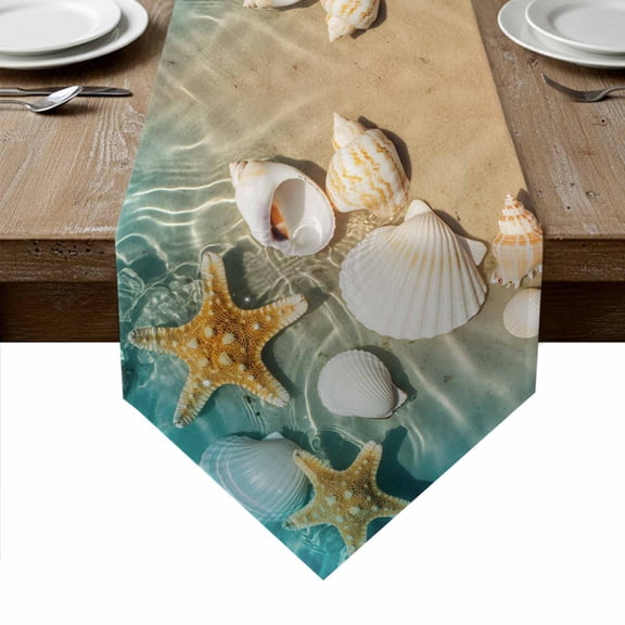 Ocean Shell Table Runner Linen Burlap Table Runner 36 Inches Small Beach Starfish Sea Water Sand Shore Dresser Scarves for Kitchen Island Coffee Dining Room Party Wedding Holiday Decoration 13"x36"