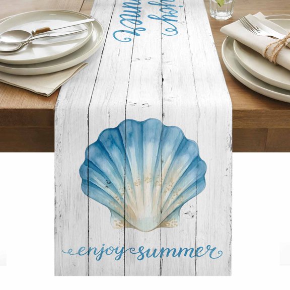 Ocean Shell Table Runner Summer Coastal Marine Seashell Wooden Gray Tablerunners 13 x 36 Inch, Table Decorations Tabletop Scarf for Summer Gathering Holiday Farmhouse Kitchen Dining Decor