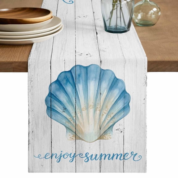 Ocean Shell Table Runner, Summer Coastal Marine Seashell Wooden Gray Washable Cotton Linen Table Runners 48 Inches Long, Dresser Scarf Runner for Nightstand/Coffee/End Tables 13''x48''