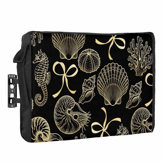 Ocean Shell Waterproof Outdoor TV Cover, Gold Seahorse Shells Bowknot Coral Black Outside Weatherproof TV Enclosures for 80 to 85 Inch LCD Television Shield Flat Screen Protectors
