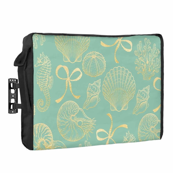 Ocean Shell Waterproof Outdoor TV Cover, Gold Seahorse Shells Bowknot Coral Green Outside Weatherproof TV Enclosures for 80 to 85 Inch LCD Television Shield Flat Screen Protectors