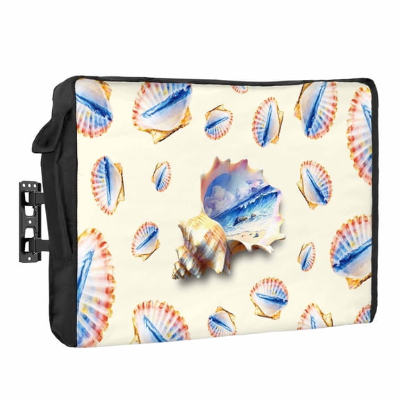 Ocean Shell Waterproof Outdoor TV Cover, Summer Seaside Beach Wave Conch Beige Background Outside Weatherproof TV Enclosures for 80 to 85 Inch LCD Television Shield Flat Screen Protectors