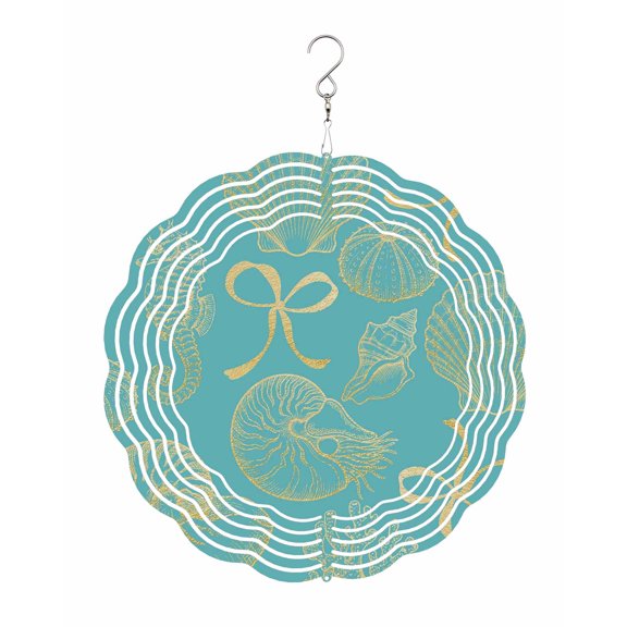 Ocean Shell Wind Spinner for Garden Yard 8In, Gold Seahorse Shells Bowknot Coral Blue 3D Stainless Steel Kinetic Hanging Wind Spinners Rustproof Outdoor Decor for Lawn Patio Home