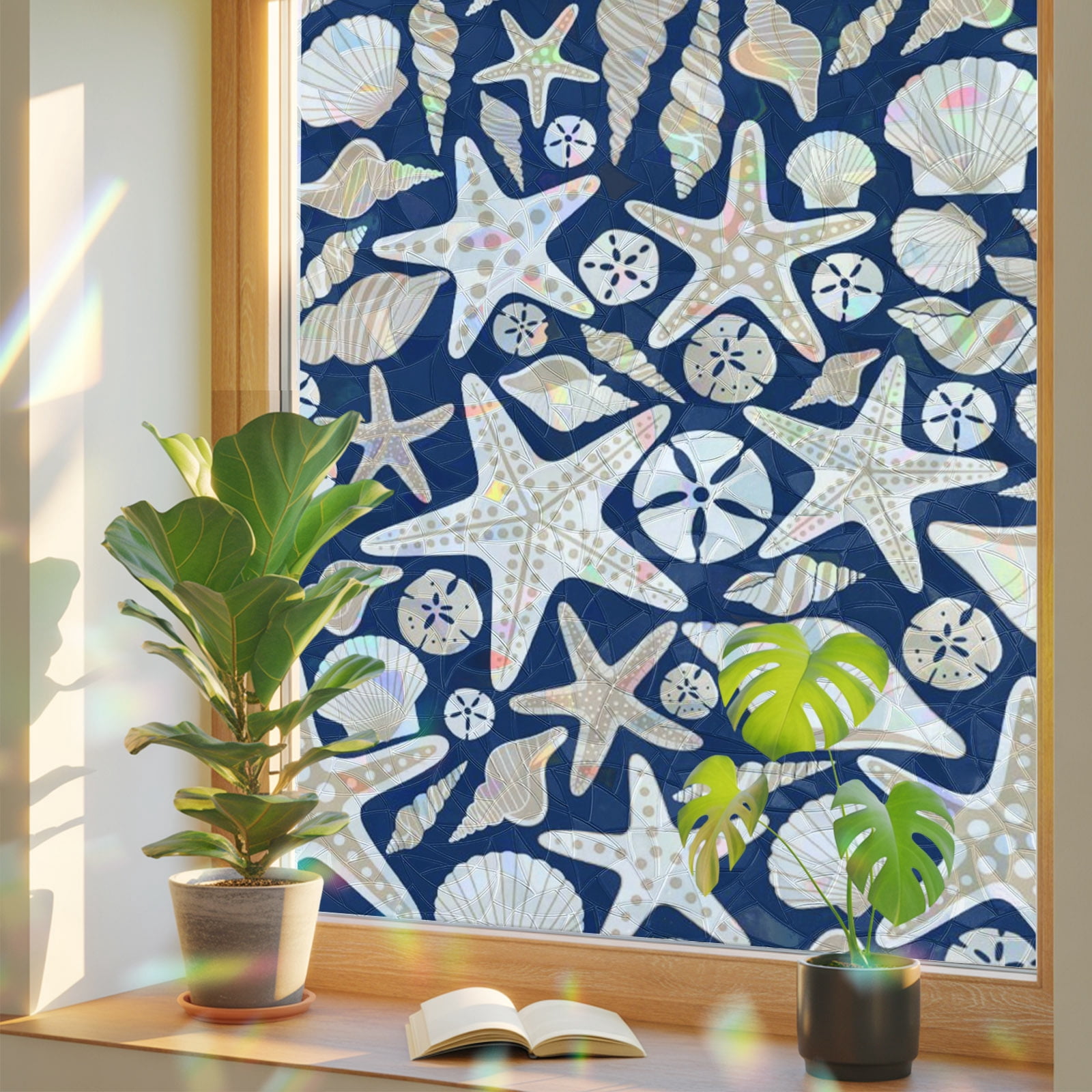 Ocean Shell Window Privacy Film, Starfish Conch Retro Beach Blue ...