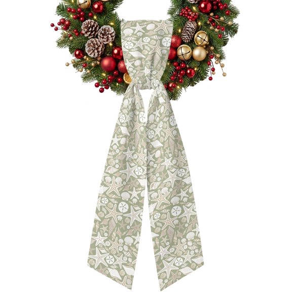 Ocean Shell Wreath Sash for Front Door, Starfish Conch Retro Beach Green Texture Satin Wreath Ribbon Bow Accessory Garland Home Decor for Doorway Porch Yard 4.5x56
