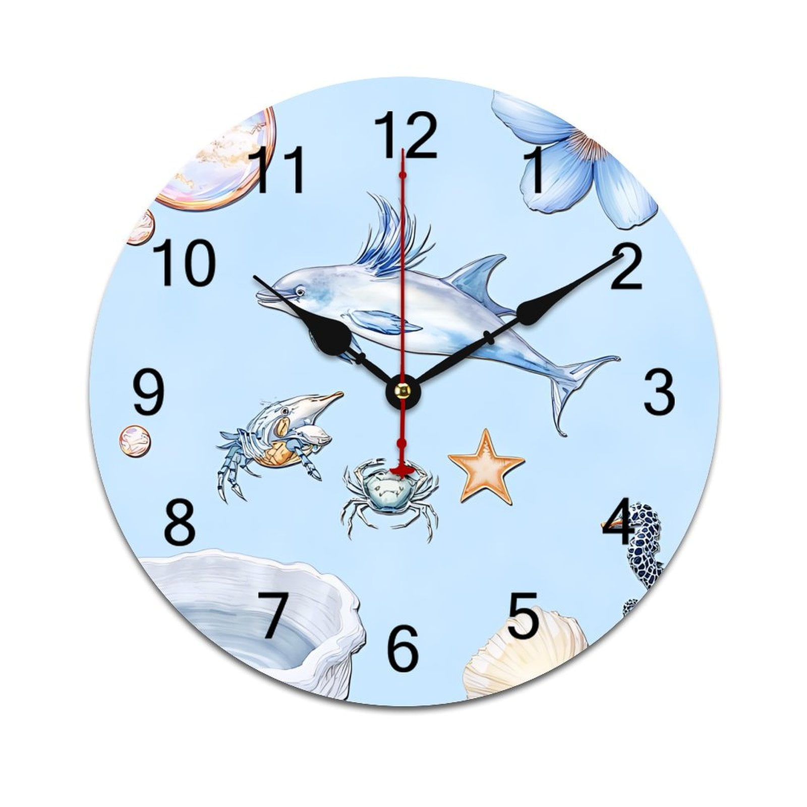Ocean Shells And Starfish Printed Silent Wall Clock Round Kitchen Clock ...