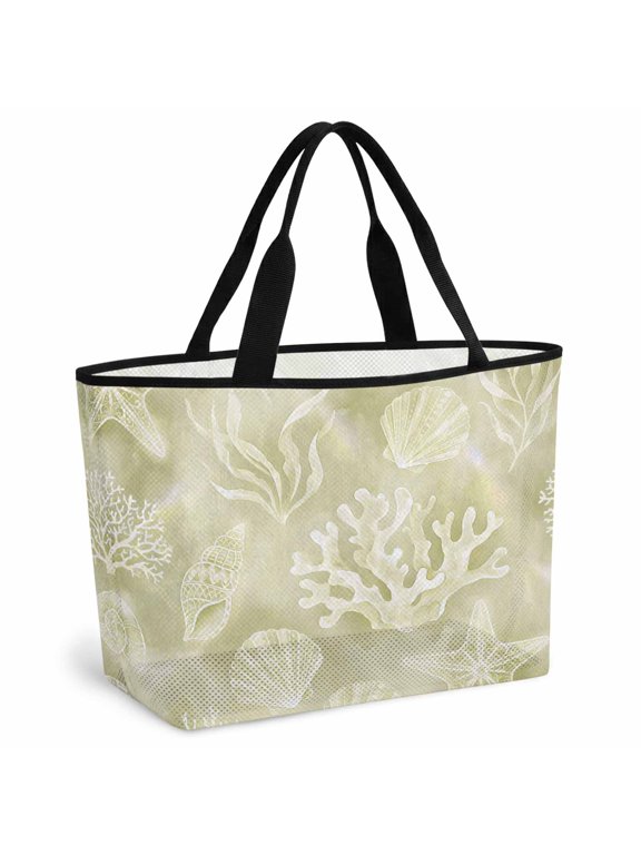 Ocean Shells Beach Bag for Women, Large Breathable Mesh Beach Tote Bag, Yellow Green Summer Coastal Starfish Conch Sandproof Lightweight Travel Bags for Vacation Picnic Swimming Pool 15.7"x15.7"x9.1"