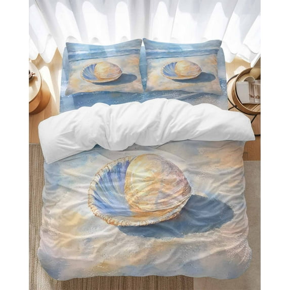 Ocean Shells Bedding Duvet Cover Set King Size 4 Pieces Summer Beach Coastal Vintage Bedding Set with Zipper Closure, 1 Comforter Cover 92x106 Inches 1 Flat Sheet & 2 Pillow Cases
