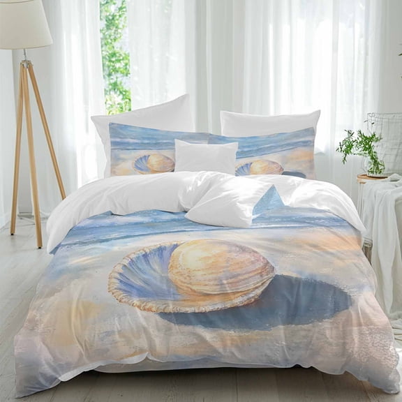 Ocean Shells Duvet Cover Set King Size, Summer Beach 4 Piece Soft Microfiber Bedding Set with 1 Duvet Cover, 1 Flat Sheet, 2 Pillowcases
