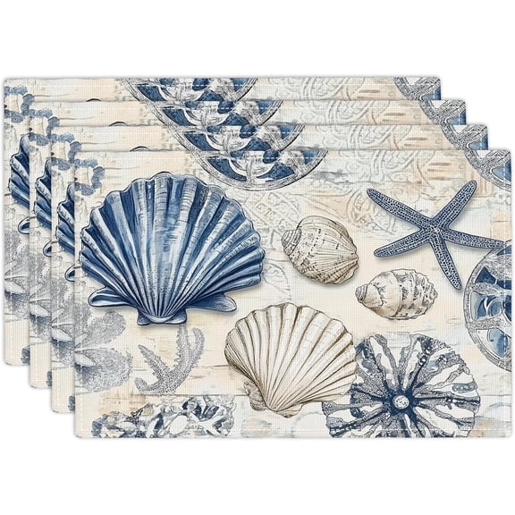 Ocean Shells Placemats Set of 4, Vintage Starfish Coral Place Mats Blue Shells Table Mats for Kitchen Dining Room Restaurant 18"x12"