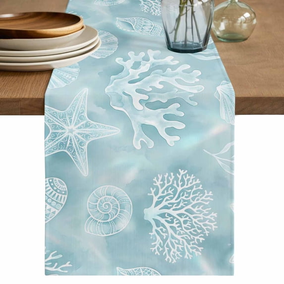 Ocean Shells Table Runner 120 Inches, Teal Green Summer Coastal Starfish Conch Bed Runner Dresser Scarves Tabletop for Indoor Outdoor Parties/Ceremony/Banquet, 13"x 120"