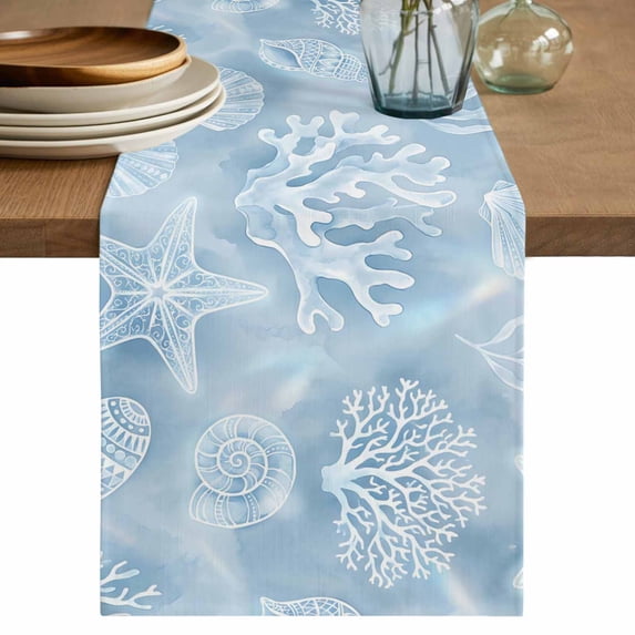 Ocean Shells Table Runner 90 Inches, Watercolor Blue Summer Coastal Starfish Conch Bed Runner Dresser Scarves Tabletop for Indoor Outdoor Parties/Ceremony/Banquet, 13" x 90"