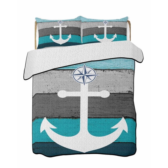Ocean Ship Anchors Quilts Bedding Set King Size Blue Grey Gradient Wood Stripes Texture Lightweight Quilted Bedspread 3 Piece Bed Quilt with 2 Pillow Shams All Season for Bedroom 90" x 96"