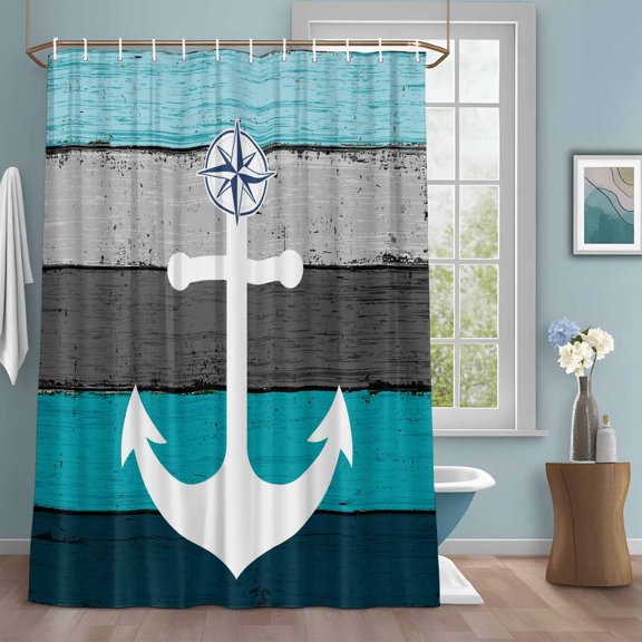 Ocean Ship Anchors Shower Curtains for Bathroom, Blue Grey Gradient Wood Stripes Texture Washable Fabric Shower Curtain with Hooks Waterproof Bathroom Decor Sets, 72 x 72 Inches