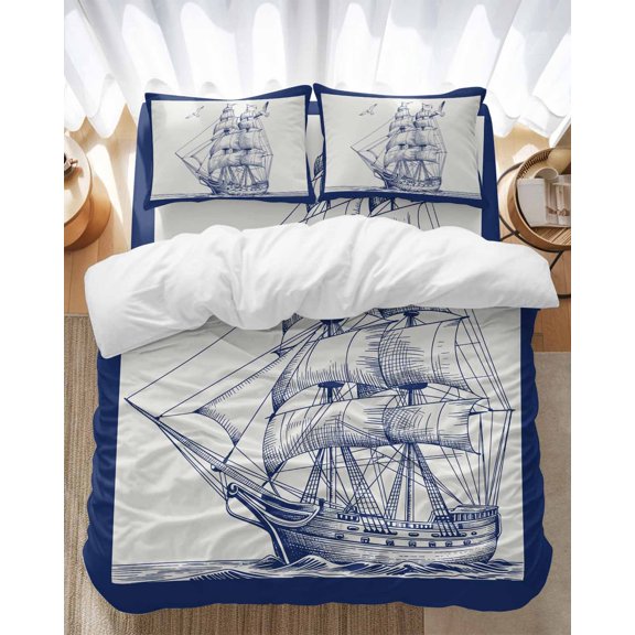 Ocean Ship Bedding Duvet Cover Set King Size 4 Pieces Retro Boat Seagull Vintage Blue Lines Art Bedding Set with Zipper Closure, 1 Comforter Cover 92x106 Inches 1 Flat Sheet & 2 Pillow Cases