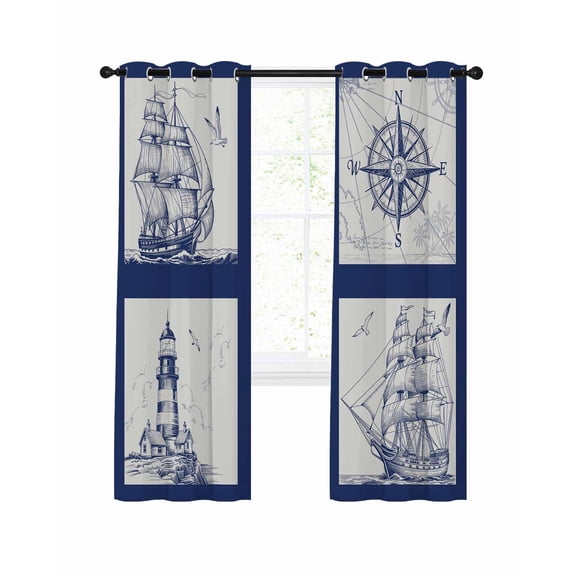 Ocean Ship Blackout Curtains 63 Inch Length Lighthouse Compass Retro Blue Lines Art Thermal Insulated Window Curtain Window Drapes 2 Panels for Bedroom Living Room 42"Wx63"L