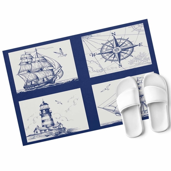 Ocean Ship Door Mat Lighthouse Compass Retro Blue Lines Art Non Slip Absorbent Entrance Mat Washable Low Profile Indoor Doormat for Front Door Entryway Entry 16"x24"