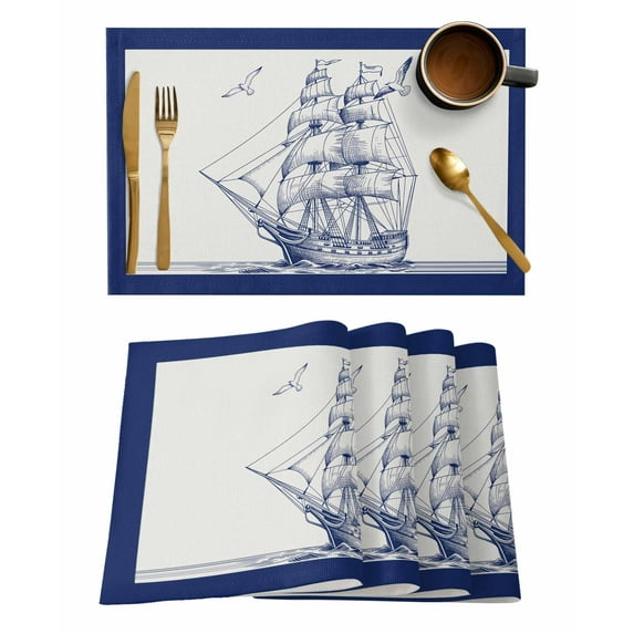 Ocean Ship Placemats Set of 8 Retro Boat Seagull Vintage Blue Lines Art Heat Insulation Washable Place Mats, Rustic Non-Slip Table Mats for Dining Table Party Kitchen Decor,13x19 Inch