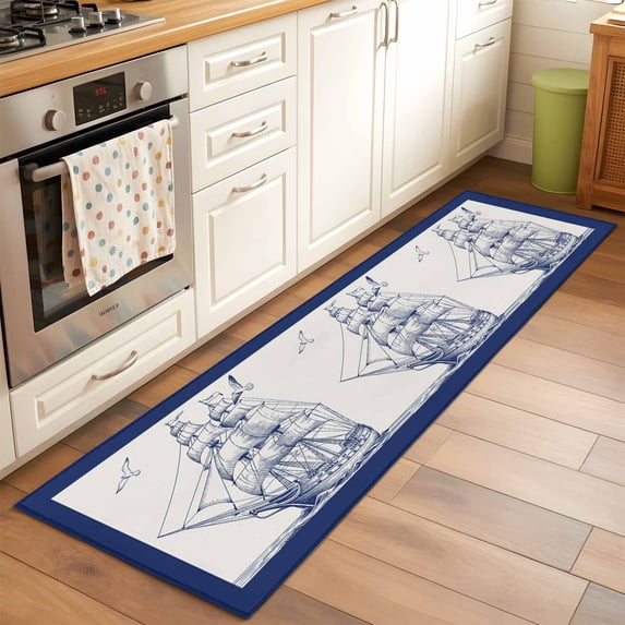 Ocean Ship Runner Rugs 2x6 ft Retro Boat Seagull Vintage Blue Lines Art Washable Hallway Rugs Non-Slip Floor Mats Absorbent Carpet Bedside Runners for Bedroom Kitchen Bathroom Laundry Room
