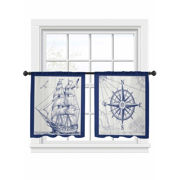 Ocean Ship Sheer Curtains 2 Panels Set Lighthouse Compass Retro Blue Lines Art Sheer Window Curtains Light Filtering Rod Pocket Voile Drapes for Bedroom Living Room 52"x54"