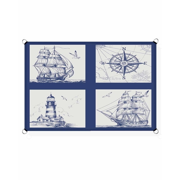 Ocean Ship Sun Shade Sail 6.5'X10' Lighthouse Compass Retro Blue Lines Art UV Block Outdoor Sail Shades Breathable Waterproof Rectangular Sunshade for Patio Garden Pool Pergola Porch