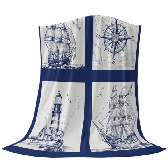 Ocean Ship Throw Flannel Blanket Lighthouse Compass Retro Blue Lines Art Super Soft Cozy Bed Blanket, Lightweight Plush Fuzzy Bed Throw for Bedroom Sofa Couch Living Room 50x60In,