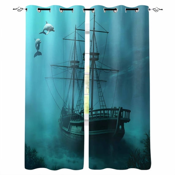 Ocean Shipwrecks Blackout Curtains for Bedroom Living Room Darkening Curtains 63 Inches Long Coastal Nautical Dolphins Vintage Window Curtain 2 Panels Set Window Treatment Grommet Drapes 42"x63"