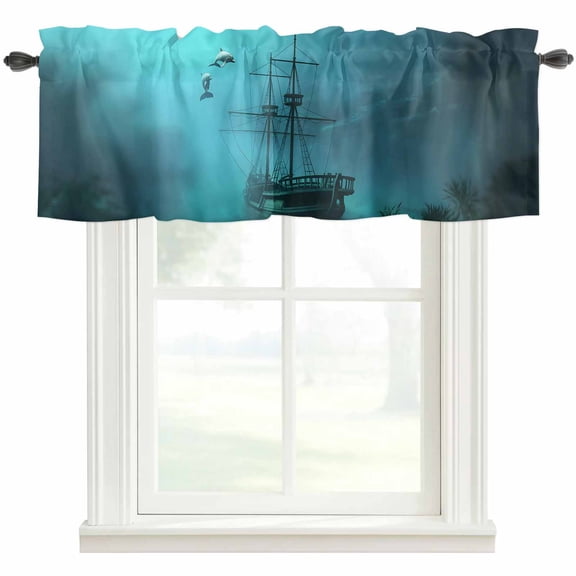 Ocean Shipwrecks Rod Pocket Curtain Valance, Coastal Nautical Dolphins Vintage Farmhouse Window Valance for Living Room, Bedroom, Kitchen 42"W x 12"L
