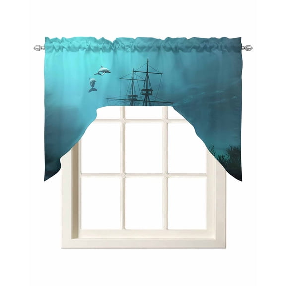 Ocean Shipwrecks Swag Valances for Windows, Small Curtains Drapes, Coastal Nautical Dolphins Vintage Kitchen Window Curtains Over Sink Rod Pocket Window Treatment Valance for Bedroom/Bathroom 56"x36"