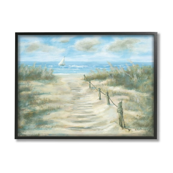 Ocean Shore Beach Boardwalk Coastal Painting Black Framed Art Print Wall Art