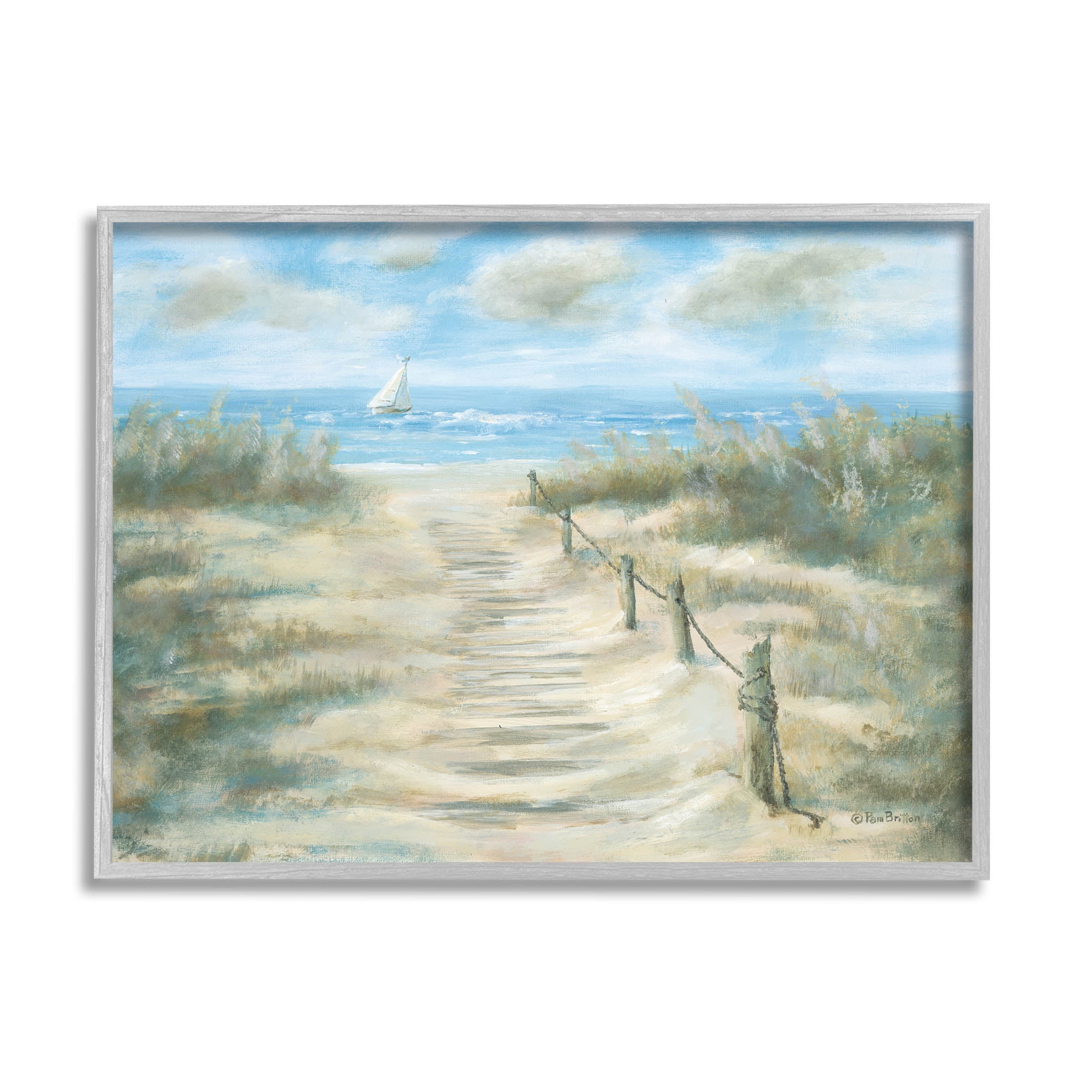 Ocean Shore Beach Boardwalk Coastal Painting Gray Framed Art Print Wall Art