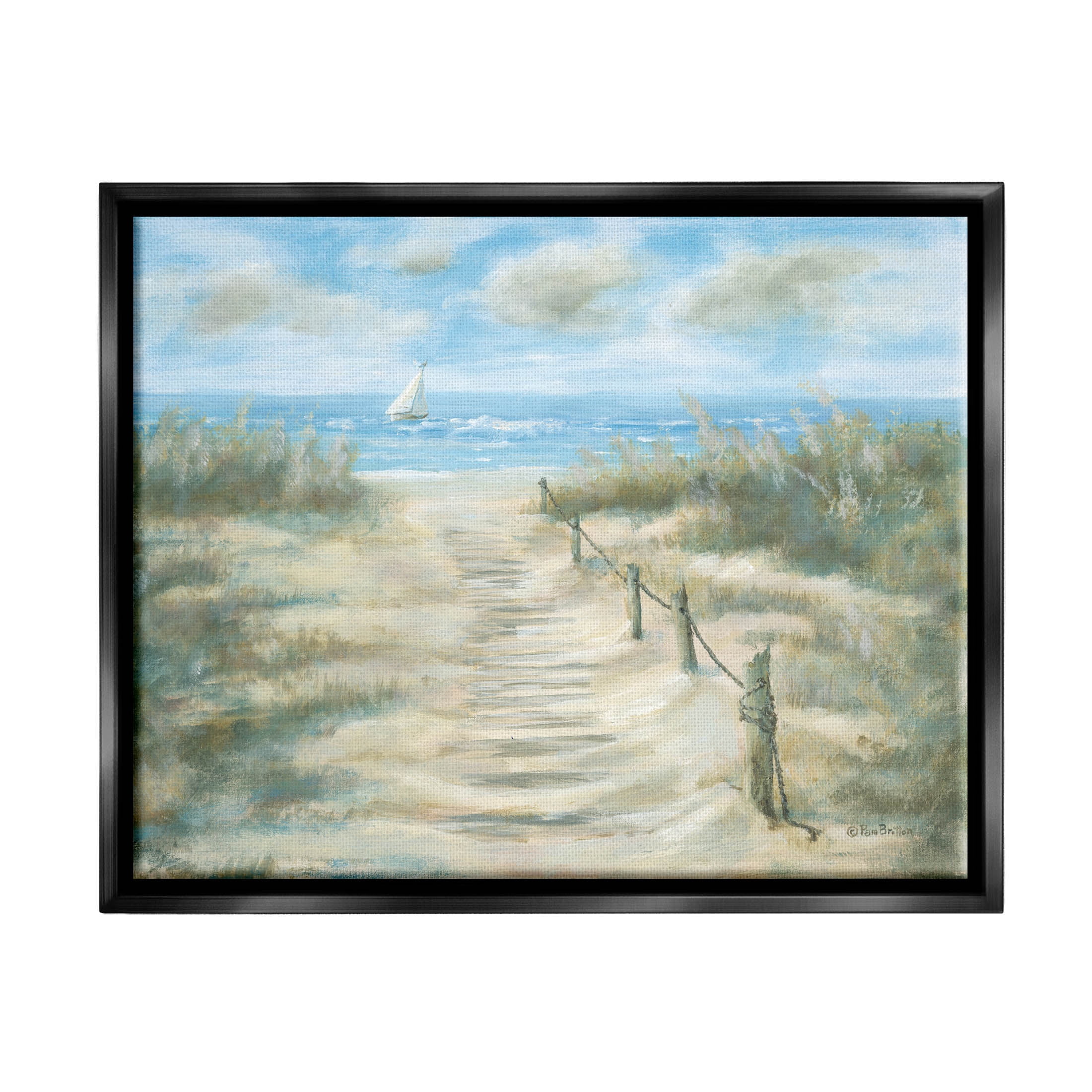 Ocean Shore Beach Boardwalk Coastal Painting Jet Black Framed Art Print Wall Art