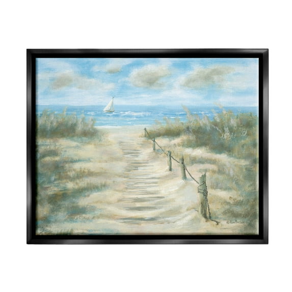 Ocean Shore Beach Boardwalk Coastal Painting Jet Black Framed Art Print Wall Art