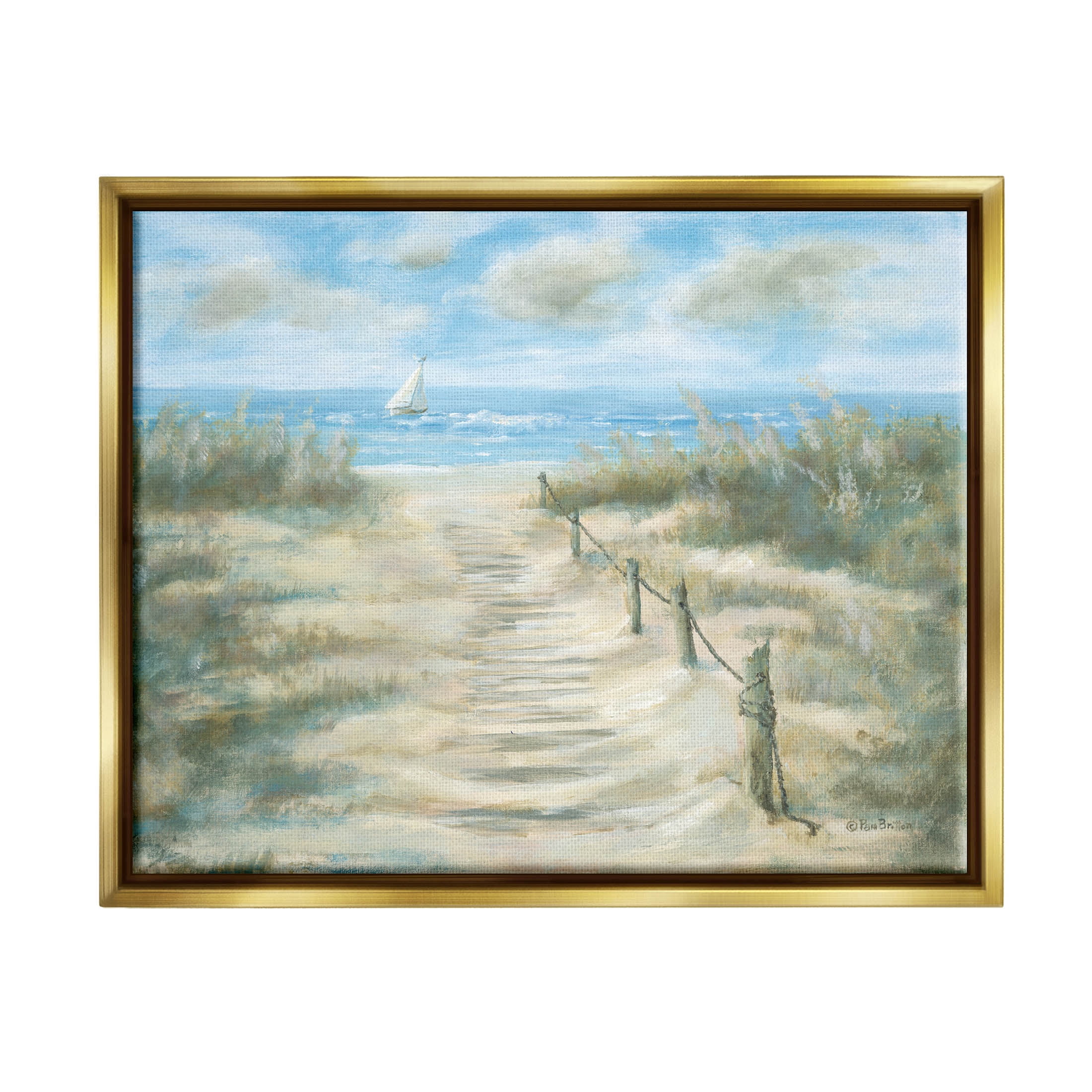 Ocean Shore Beach Boardwalk Coastal Painting Metallic Gold Framed Art Print Wall Art