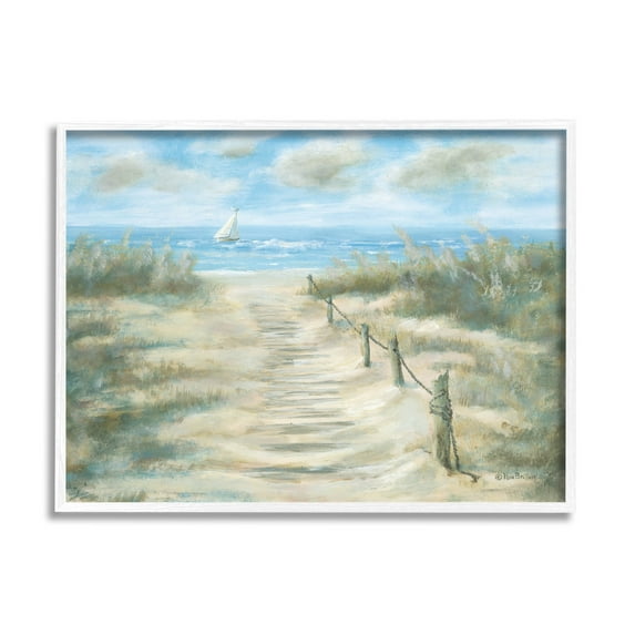 Ocean Shore Beach Boardwalk Coastal Painting White Framed Art Print Wall Art