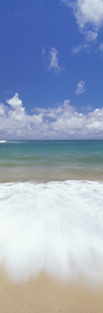 Ocean Shore Break Action Upon Shoreline Turquoise Water And Blue Sky With Clouds Panoramic Canvas Art - Carl Shaneff Design Pics (12 x 36)